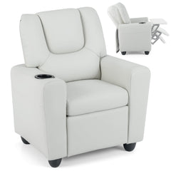 Kids Recliner with Cup Holder PU Leather Kids Reclining Chair-Beige