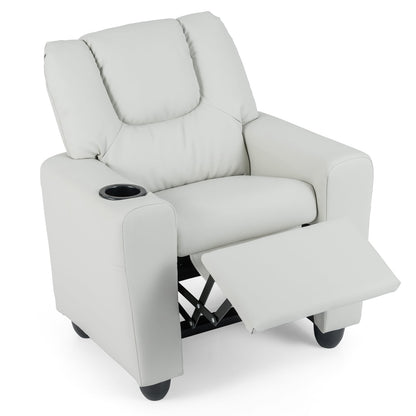 Kids Recliner with Cup Holder PU Leather Kids Reclining Chair-Beige