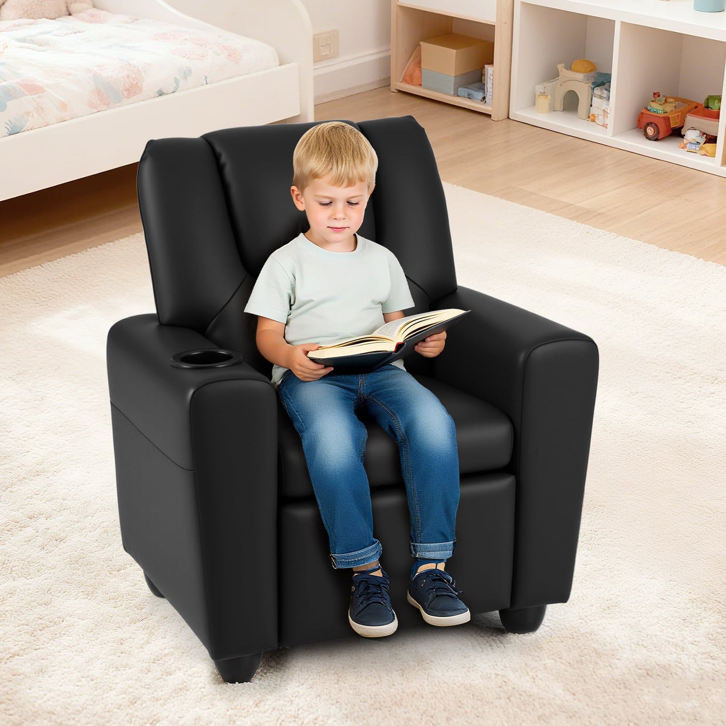 Kids Recliner with Cup Holder PU Leather Kids Reclining Chair-Black