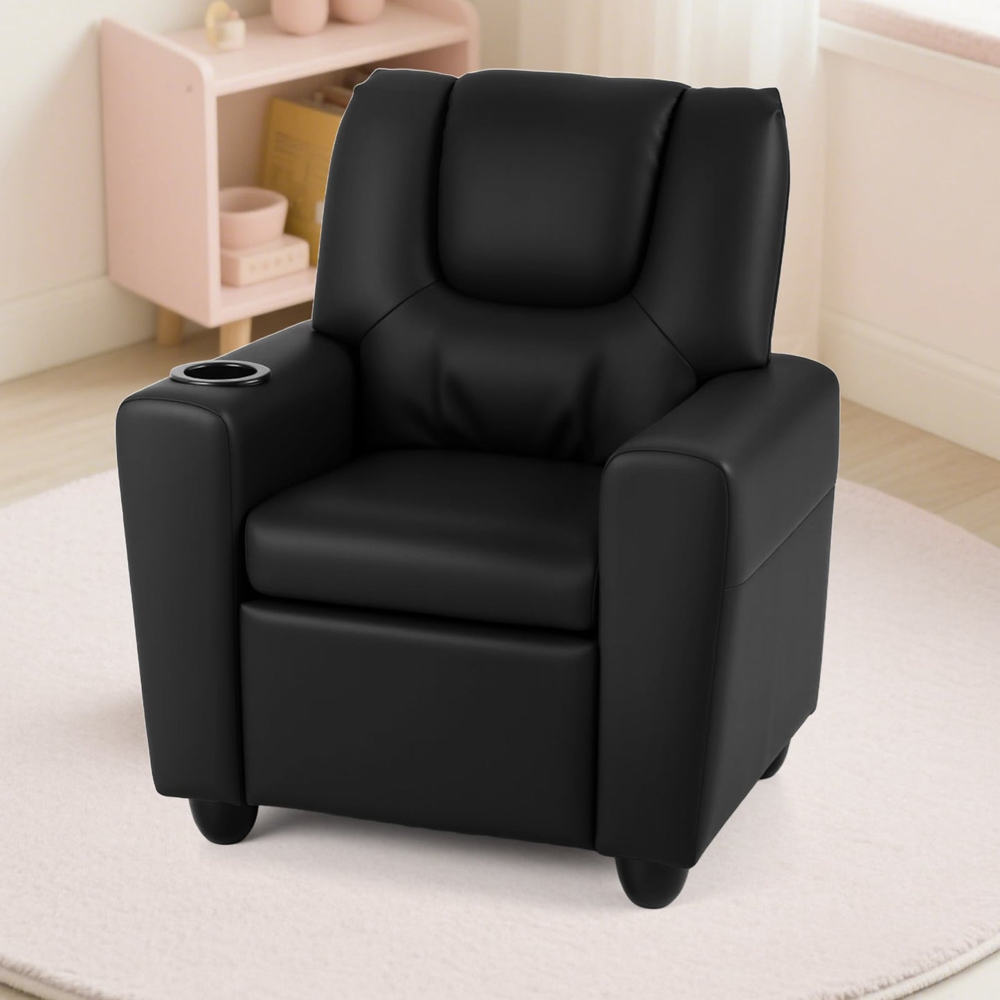 Kids Recliner with Cup Holder PU Leather Kids Reclining Chair-Black
