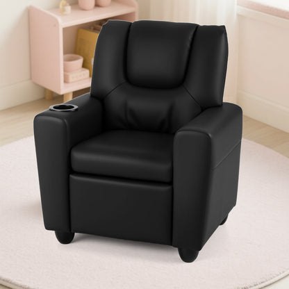 Kids Recliner with Cup Holder PU Leather Kids Reclining Chair-Black