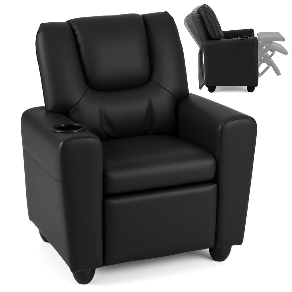 Kids Recliner with Cup Holder PU Leather Kids Reclining Chair-Black