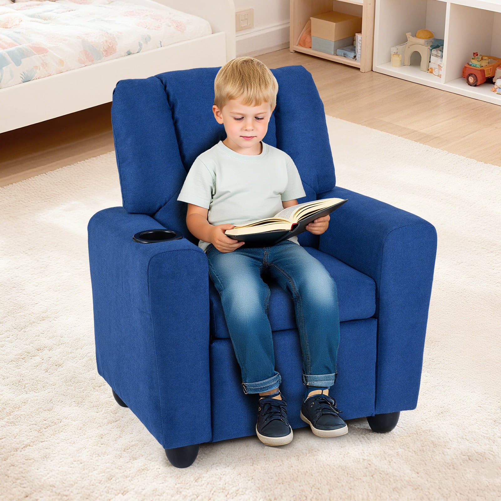 Kids Recliner with Cup Holder PU Leather Kids Reclining Chair-Blue