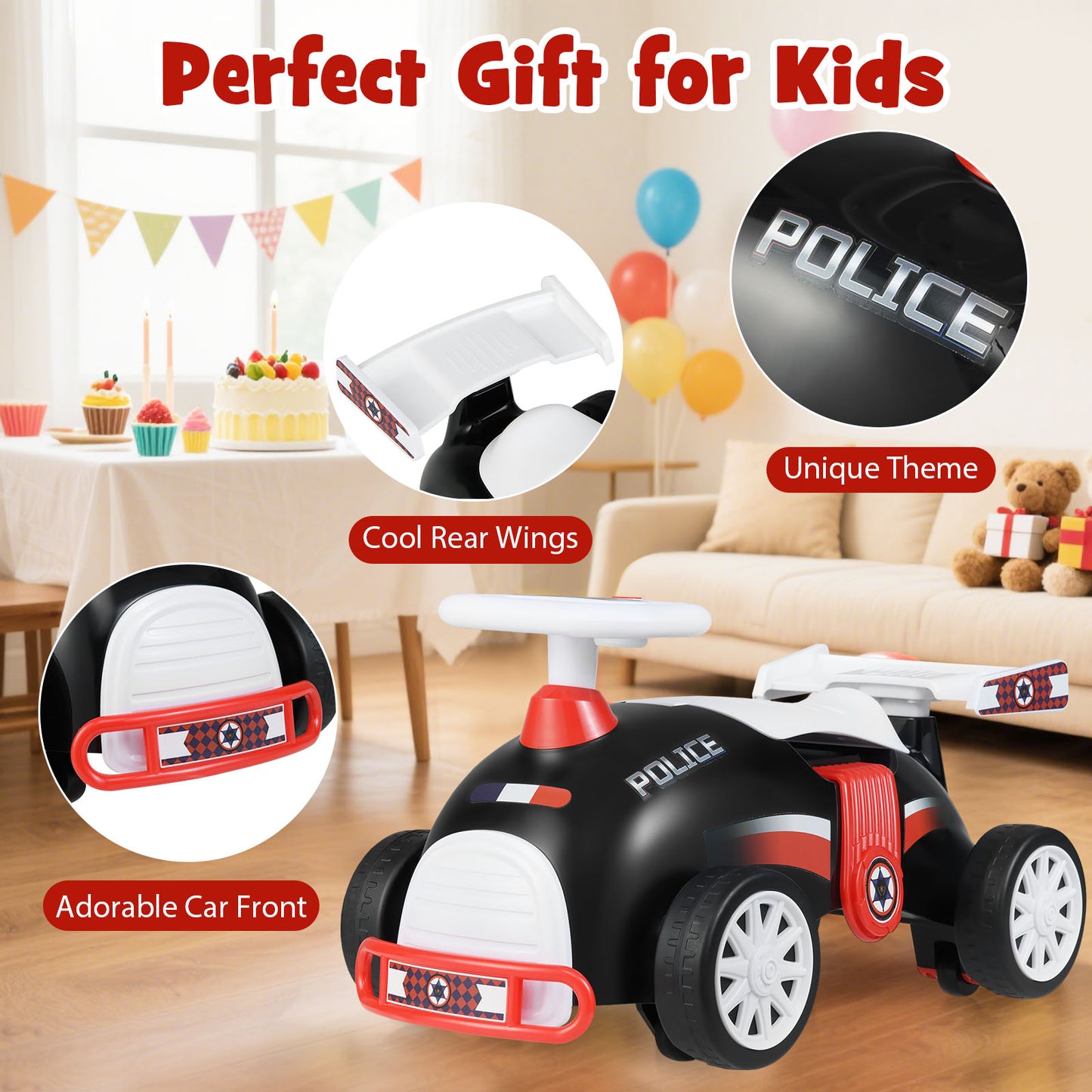 Kids Ride On Car Sliding Toy with Music and Cool Rear Wings-Black &amp;amp; Red