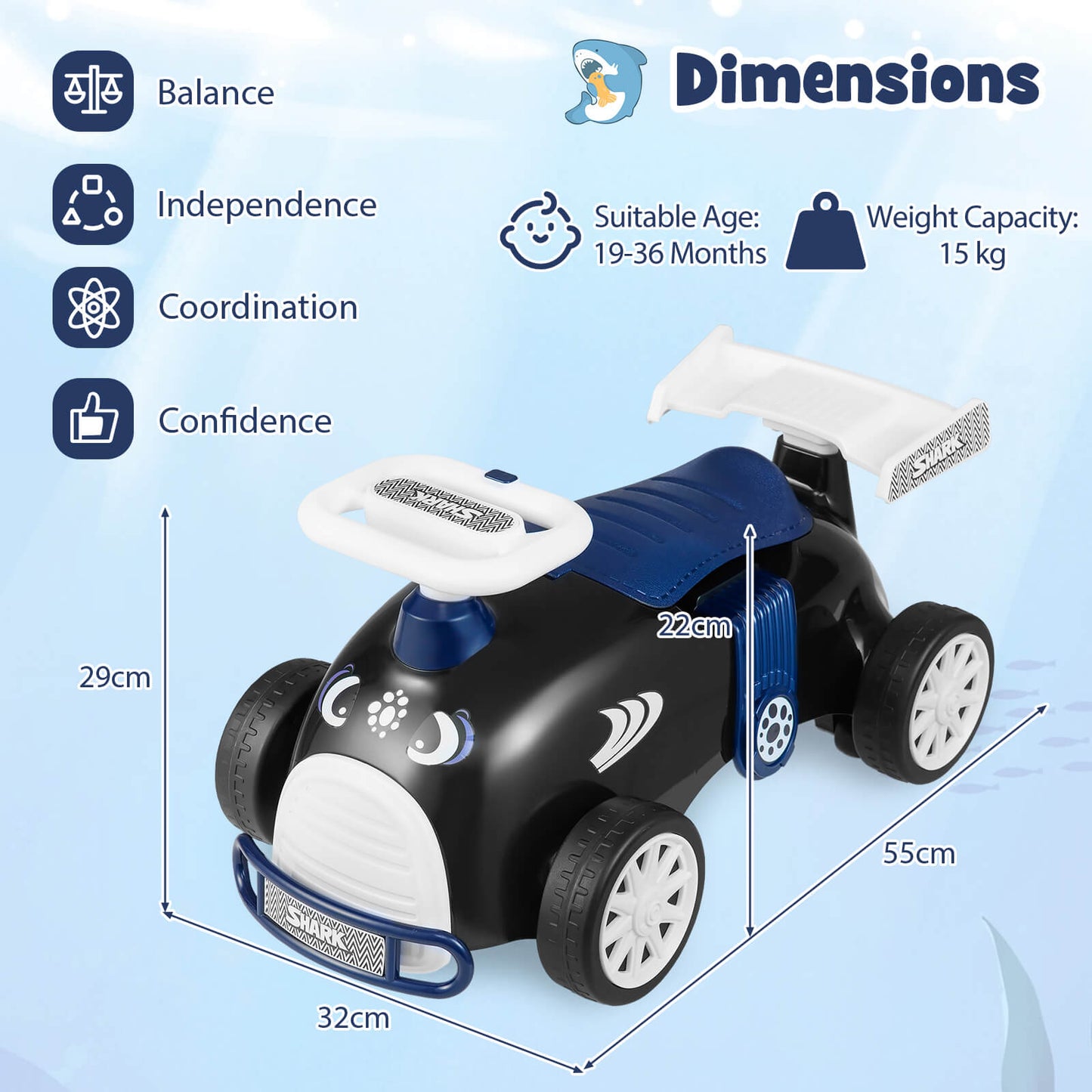 Kids Ride On Car Sliding Toy with Music and Cool Rear Wings-Black &amp; Blue