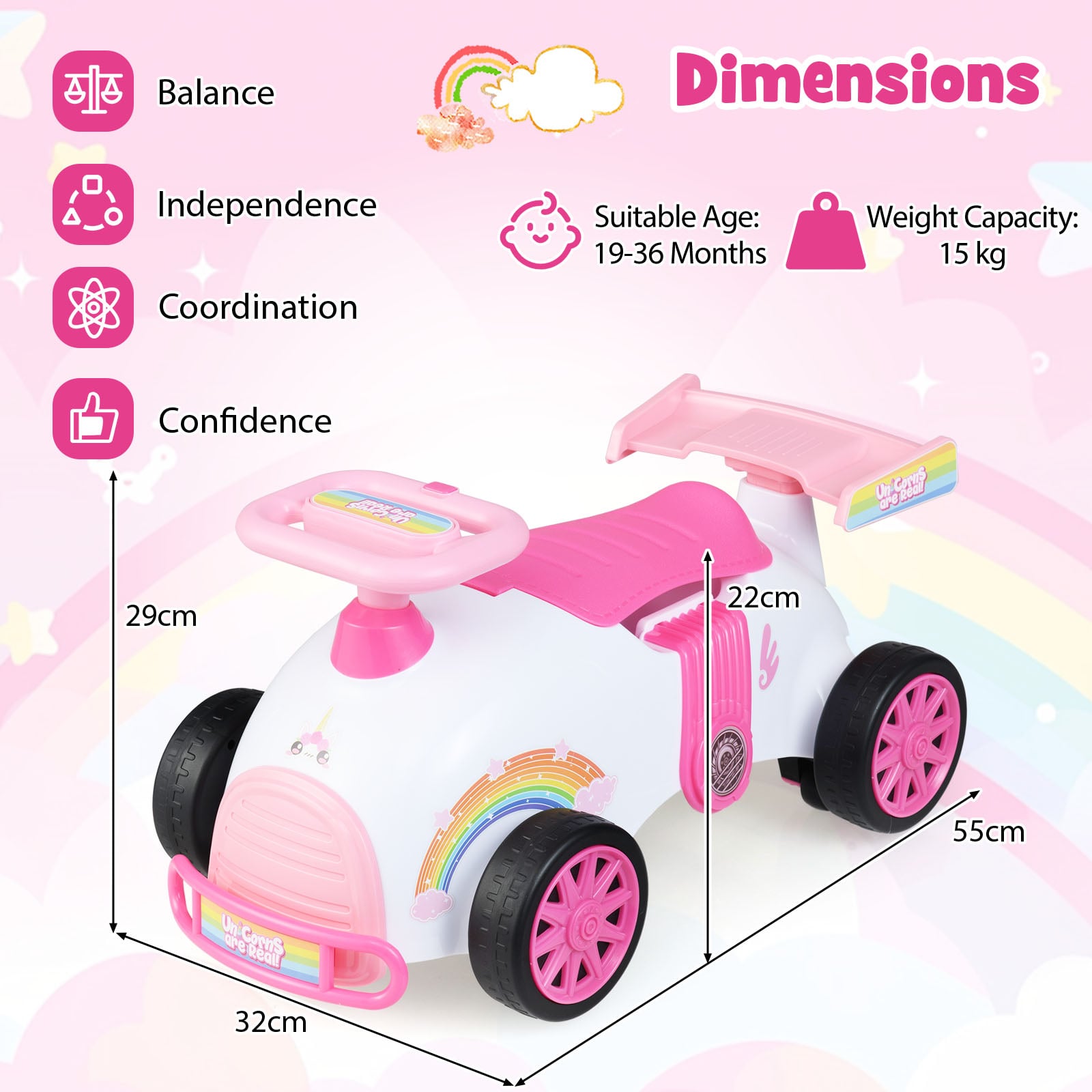 Kids Ride On Car Sliding Toy with Music and Cool Rear Wings-Pink