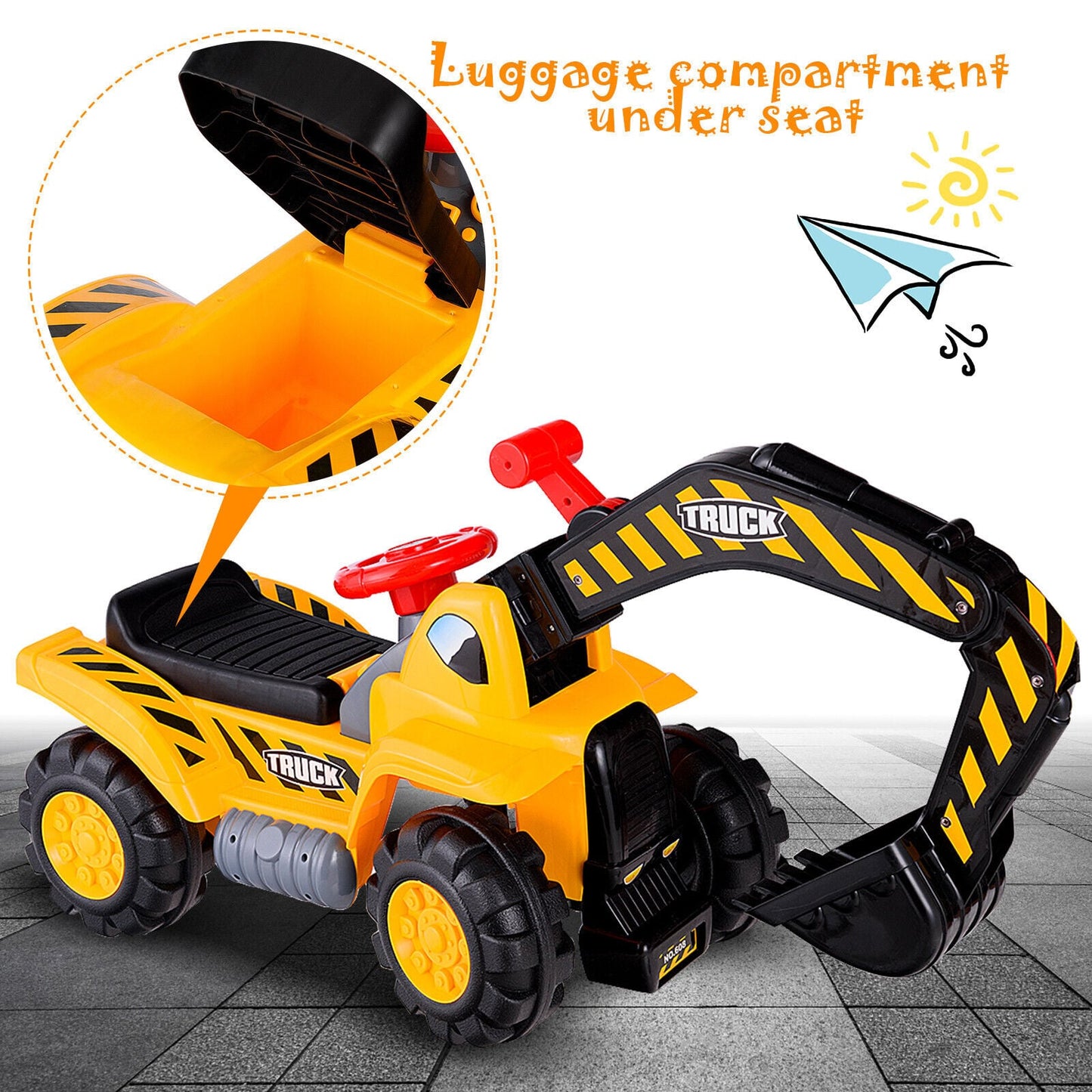 Kids Ride on Digger with Safety Helmet and Toy Stones