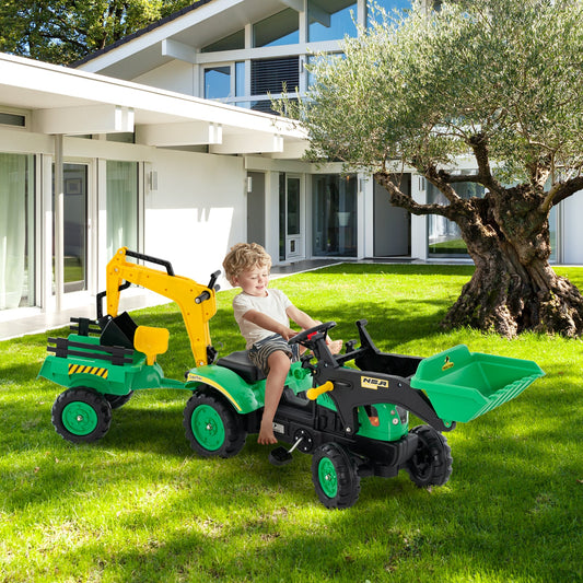 3-in-1 Kids Ride On Pedal Excavator with Detachable Trailer-Green