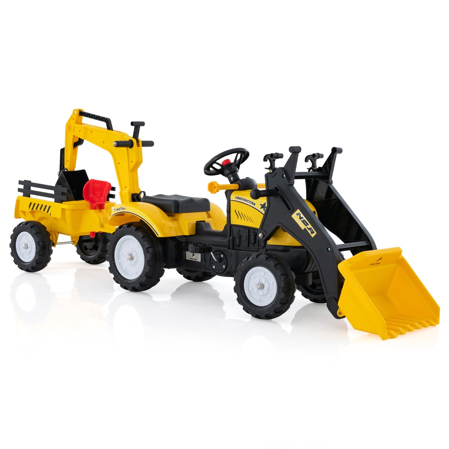 3-in-1 Kids Ride On Pedal Excavator with Detachable Trailer-Yellow