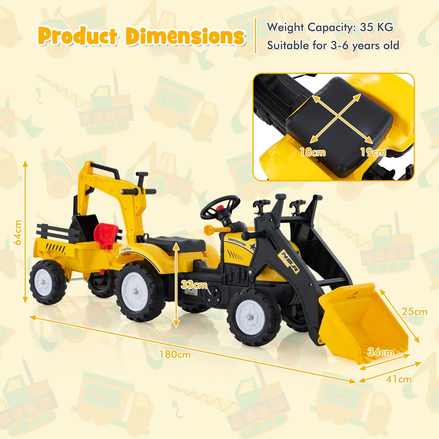 3-in-1 Kids Ride On Pedal Excavator with Detachable Trailer-Yellow