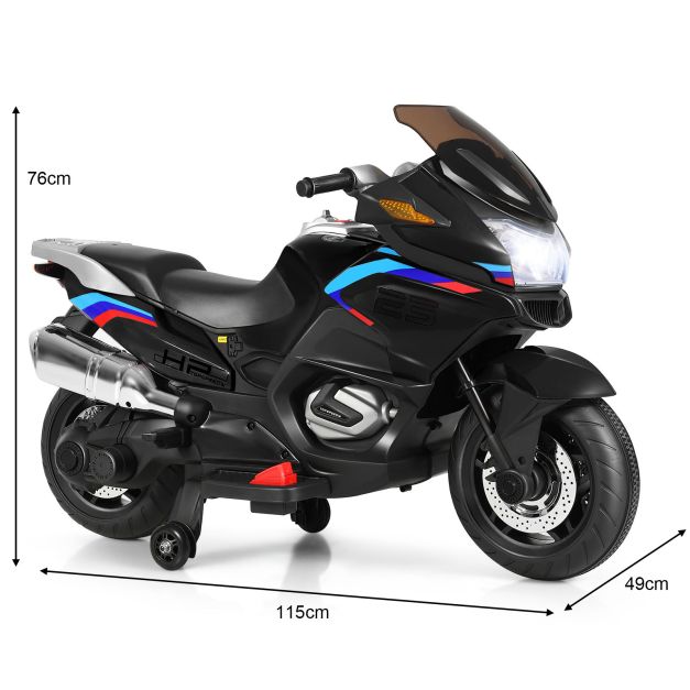 12V Electric Battery Powered Ride On Motorcycle with Training Wheels-Black
