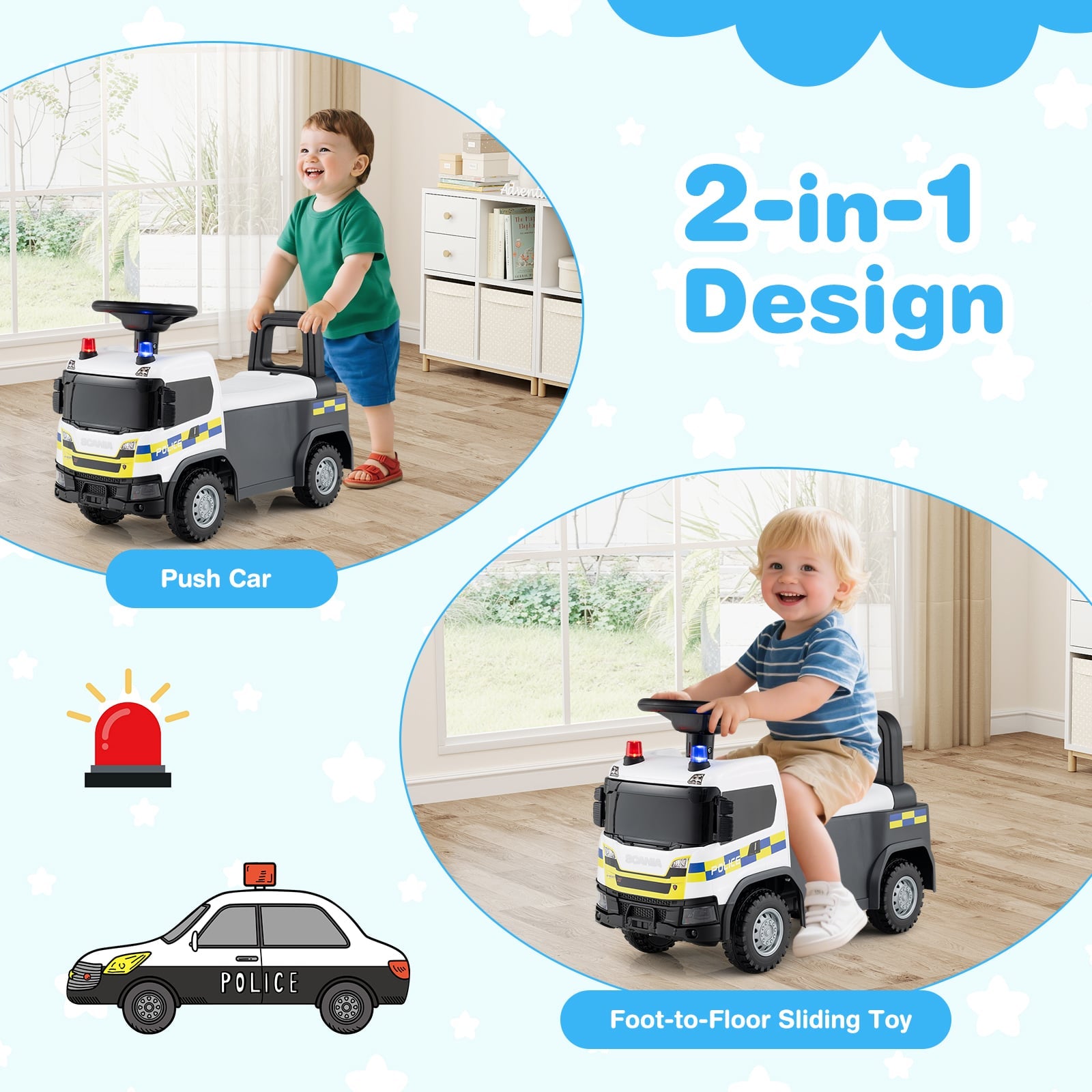 Kids Ride On Push Car with Lights and Under-seat Storage-White