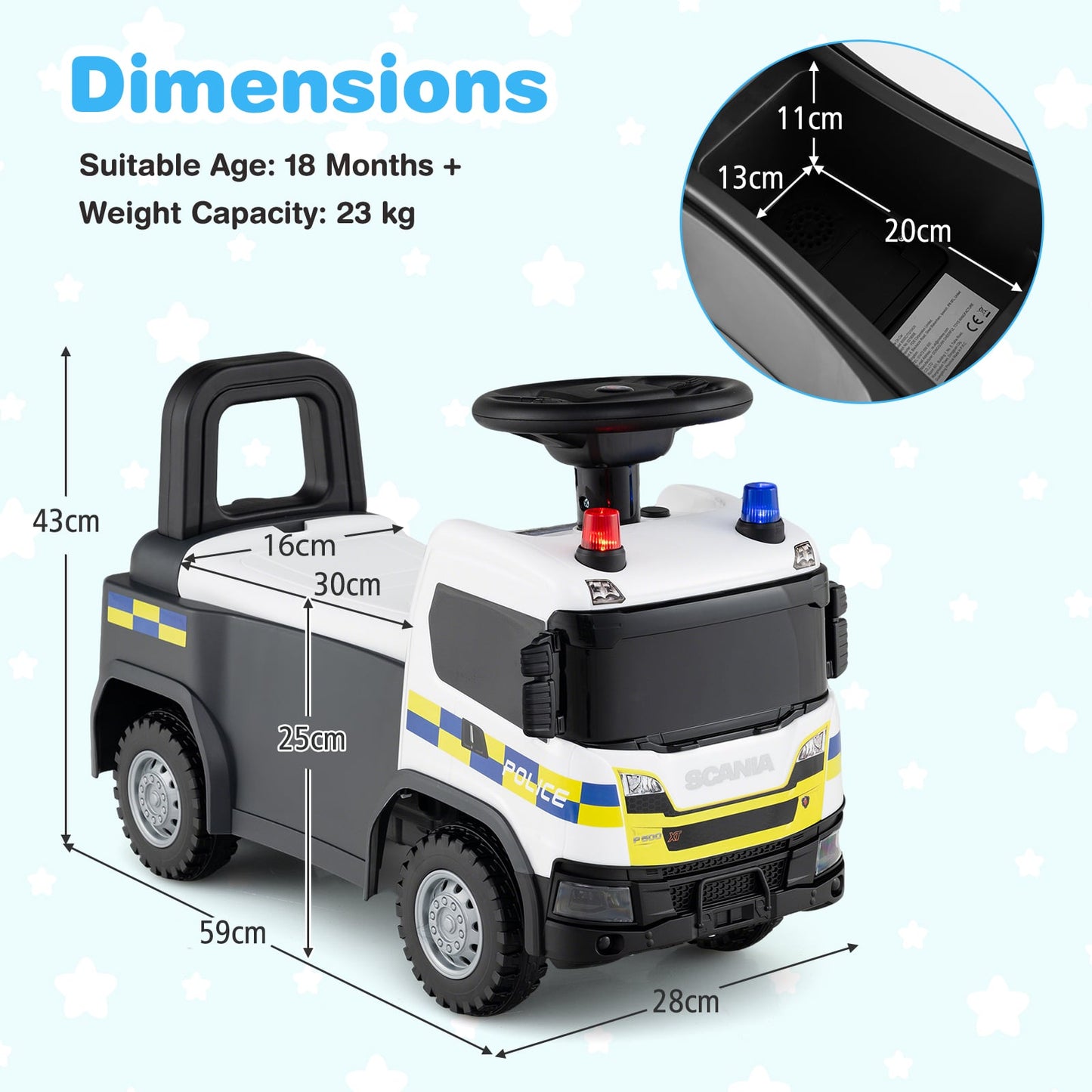 Kids Ride On Push Car with Lights and Under-seat Storage-White
