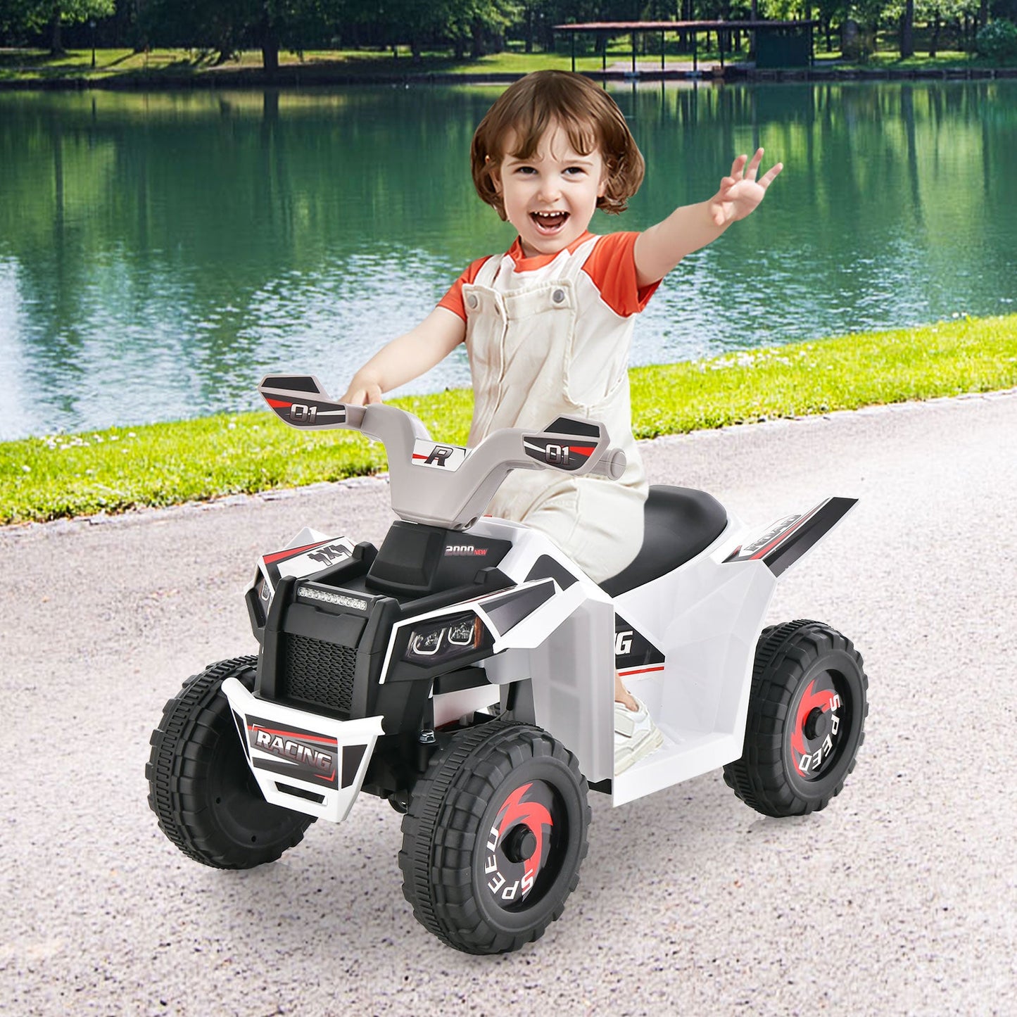 Kids Ride on ATV with Direction Control Large Seat-White