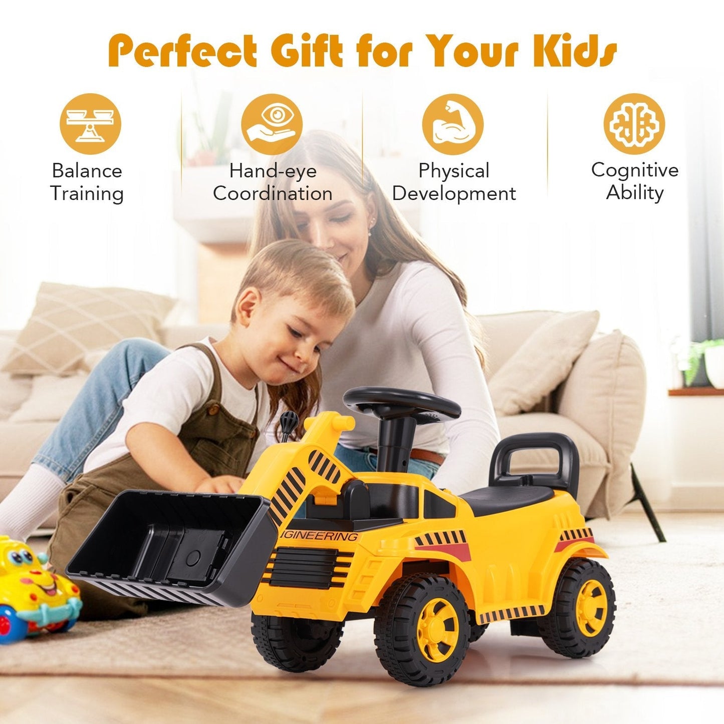 Kids Ride on Excavator Bulldozer with Adjustable Front Bucket-Yellow