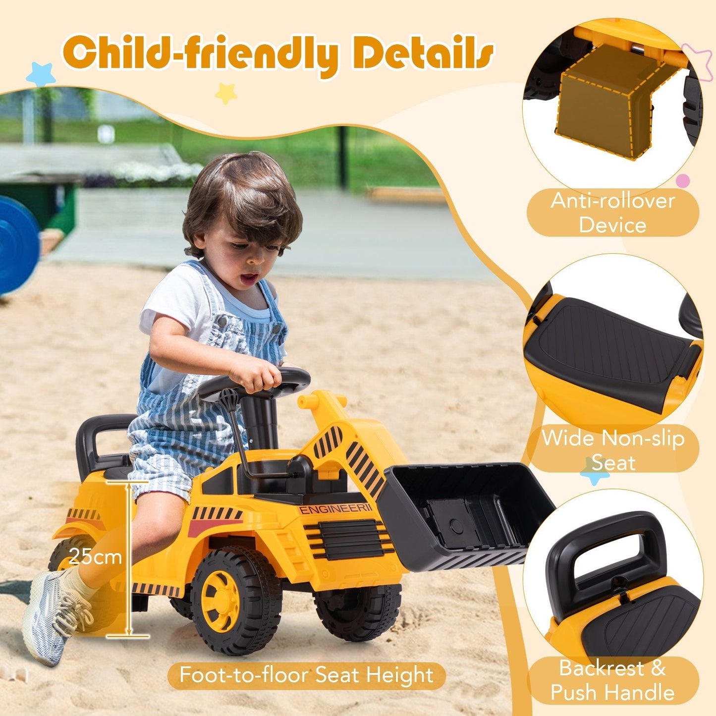 Kids Ride on Excavator Bulldozer with Adjustable Front Bucket-Yellow