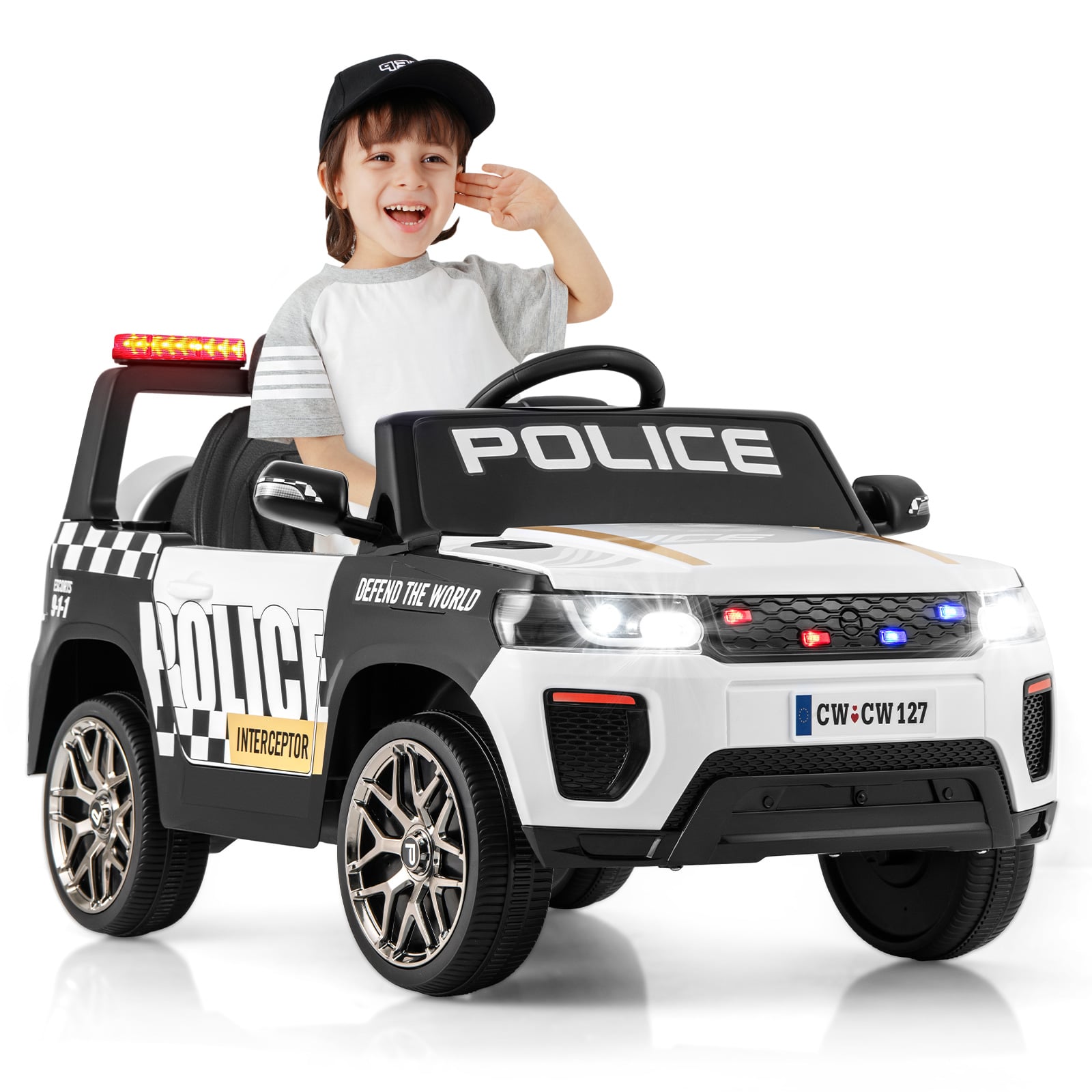 12V Kid Ride on Police Car with Remote Control for Children-White