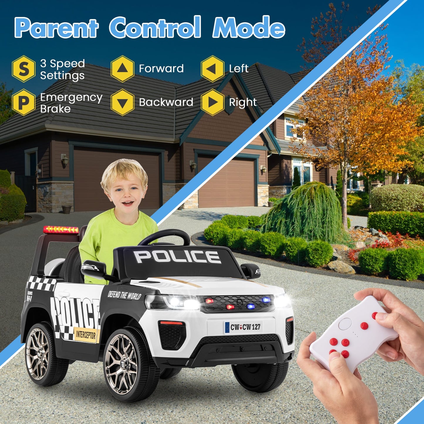 12V Kid Ride on Police Car with Remote Control for Children-White
