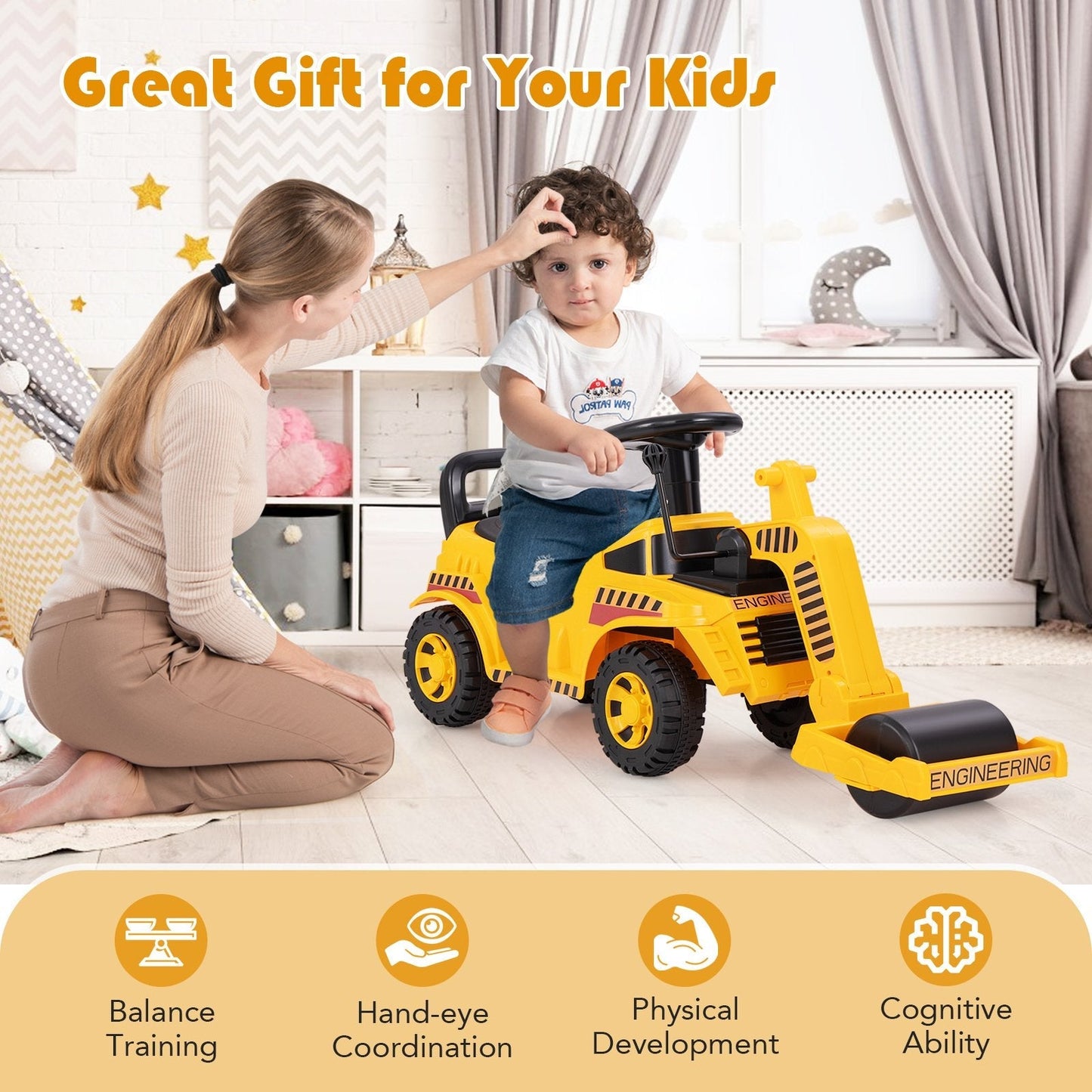 Kids Ride on Road Roller with Adjustable Roller and Anti-Tipping Block-Yellow