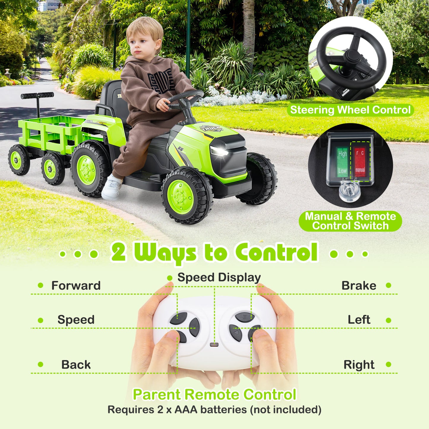 Kids Ride on Tractor 12V Electric Vehicle with Detachable Trailer and Remote Control-Green