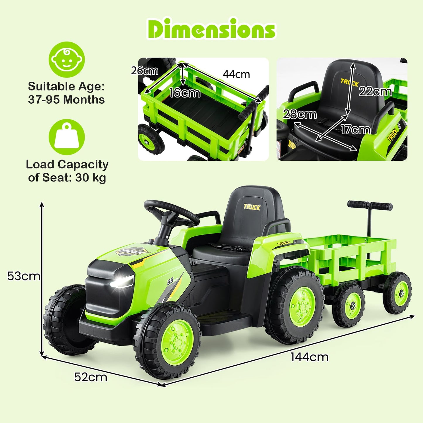 Kids Ride on Tractor 12V Electric Vehicle with Detachable Trailer and Remote Control-Green