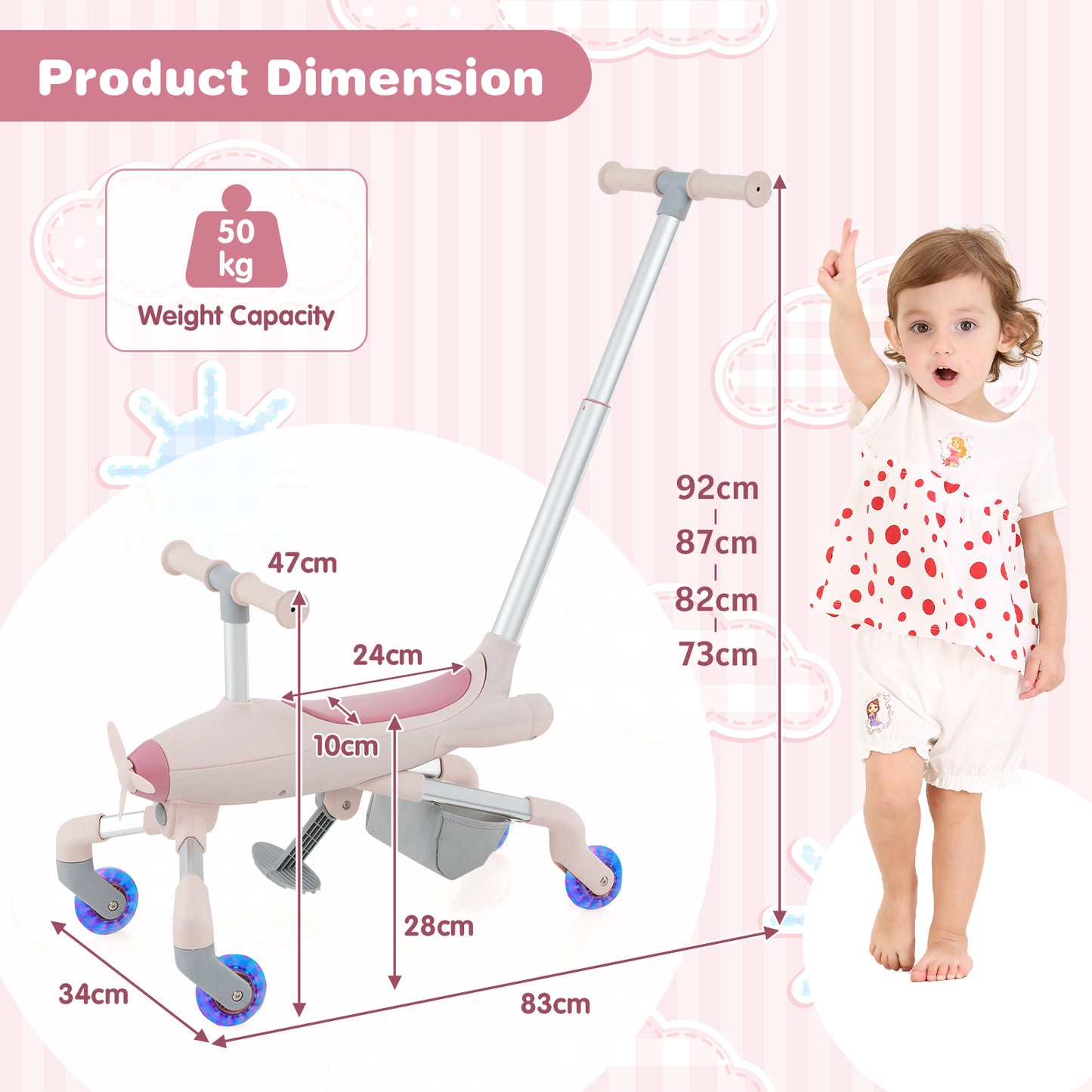 2-in-1 Kids Ride-on Push Car with Lighted Wheels for 18-60 Months Old-Pink