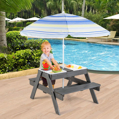 Kids 4-in-1 Sand and Water Table with Removable Boxes and Umbrella-Grey