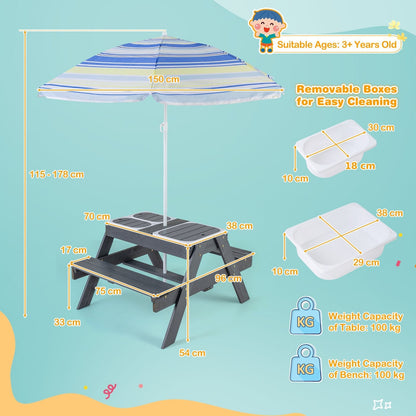Kids 4-in-1 Sand and Water Table with Removable Boxes and Umbrella-Grey