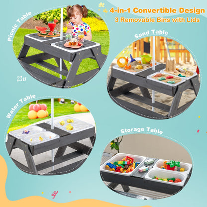 Kids 4-in-1 Sand and Water Table with Removable Boxes and Umbrella-Grey