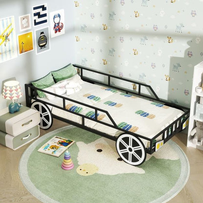 Kids Single Size Metal Car-Shaped Platform Bed Frame with Wheels-Black