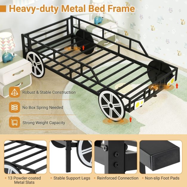 Kids Single Size Metal Car-Shaped Platform Bed Frame with Wheels-Black