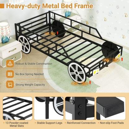 Kids Single Size Metal Car-Shaped Platform Bed Frame with Wheels-Black