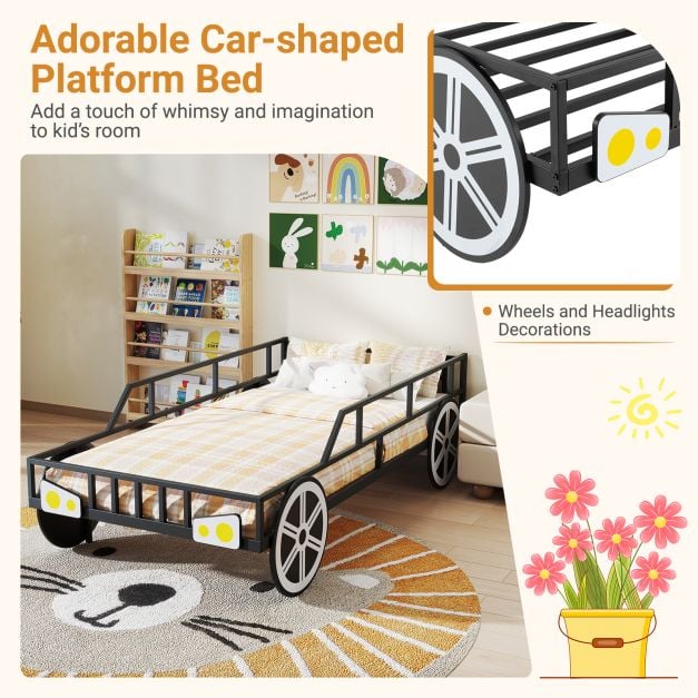 Kids Single Size Metal Car-Shaped Platform Bed Frame with Wheels-Black