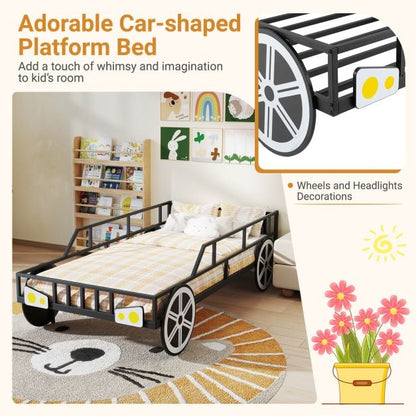 Kids Single Size Metal Car-Shaped Platform Bed Frame with Wheels-Black