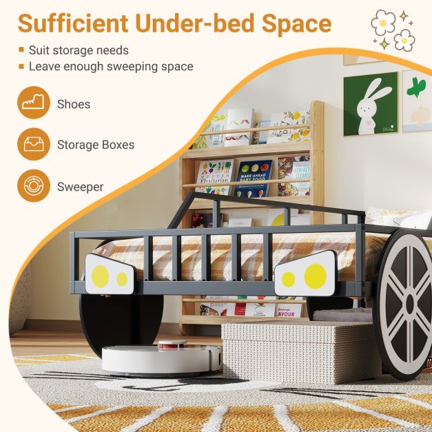 Kids Single Size Metal Car-Shaped Platform Bed Frame with Wheels-Black