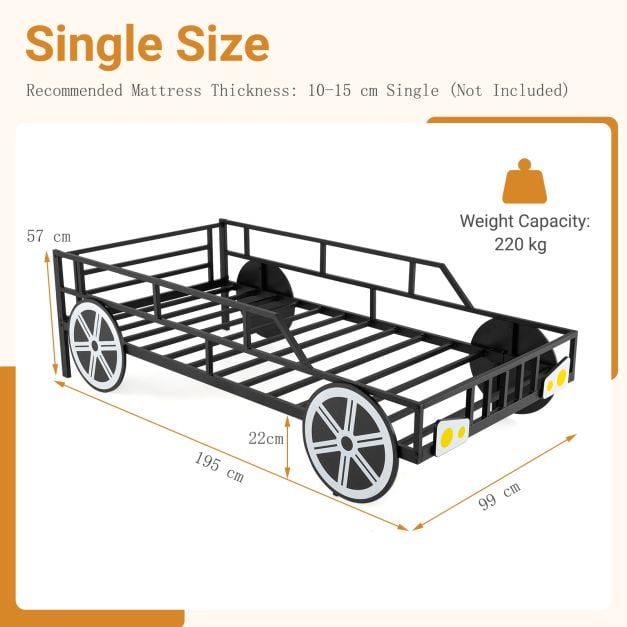 Kids Single Size Metal Car-Shaped Platform Bed Frame with Wheels-Black