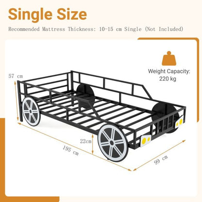 Kids Single Size Metal Car-Shaped Platform Bed Frame with Wheels-Black