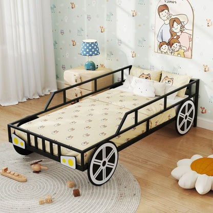 Kids Single Size Metal Car-Shaped Platform Bed Frame with Wheels-Black