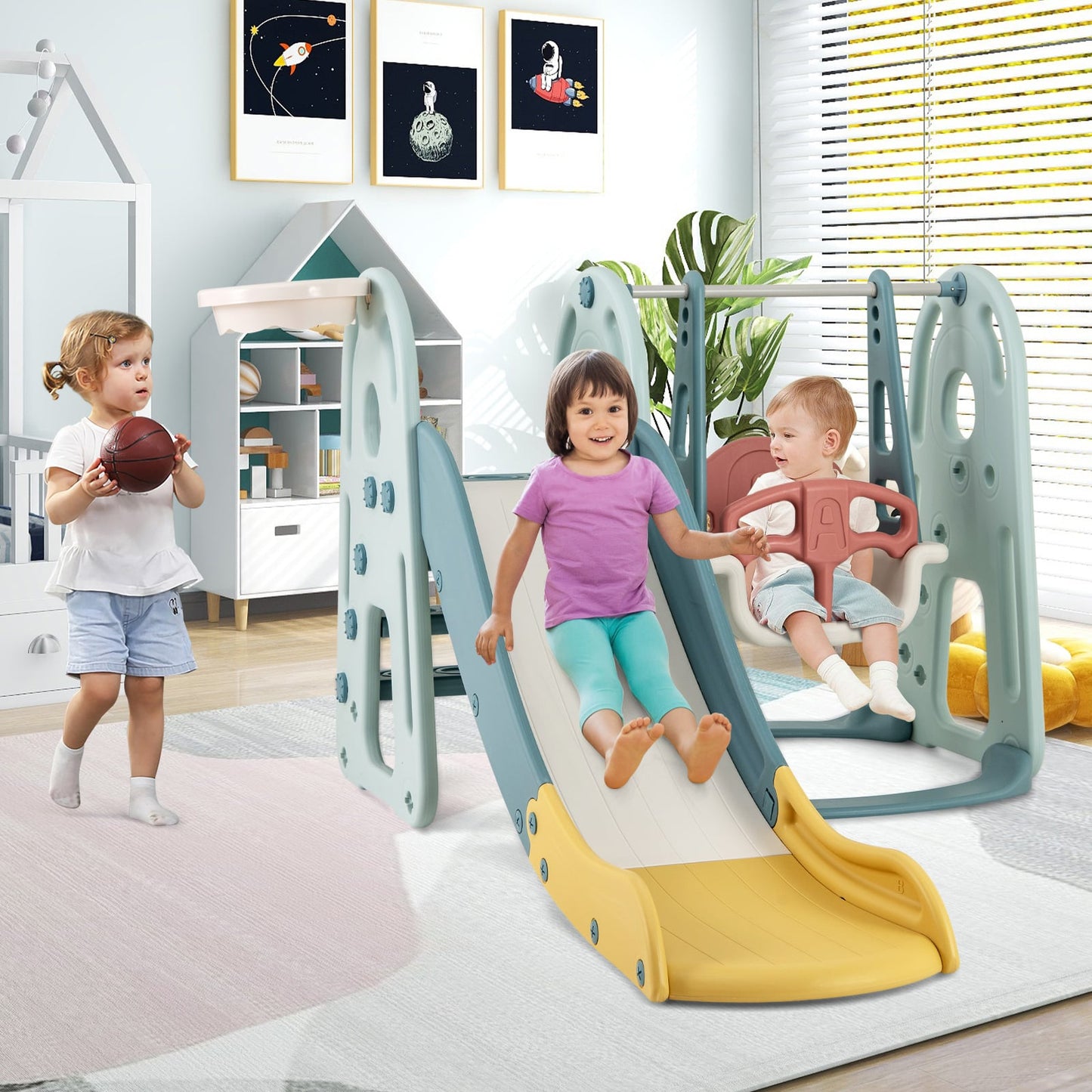 4-in-1 Kids Slide and Swing Set Freestanding Baby Slide Playset-Green