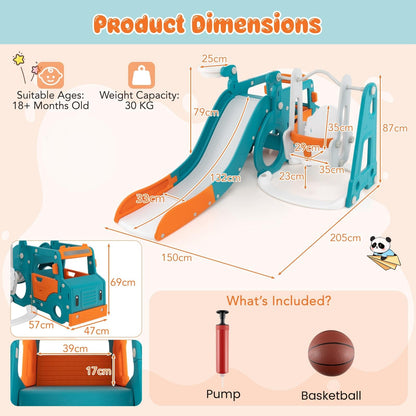 5-in-1 Kids Slide and Swing Set with Baby Swing Mini Bus Crawling Tunnel-Multicolor
