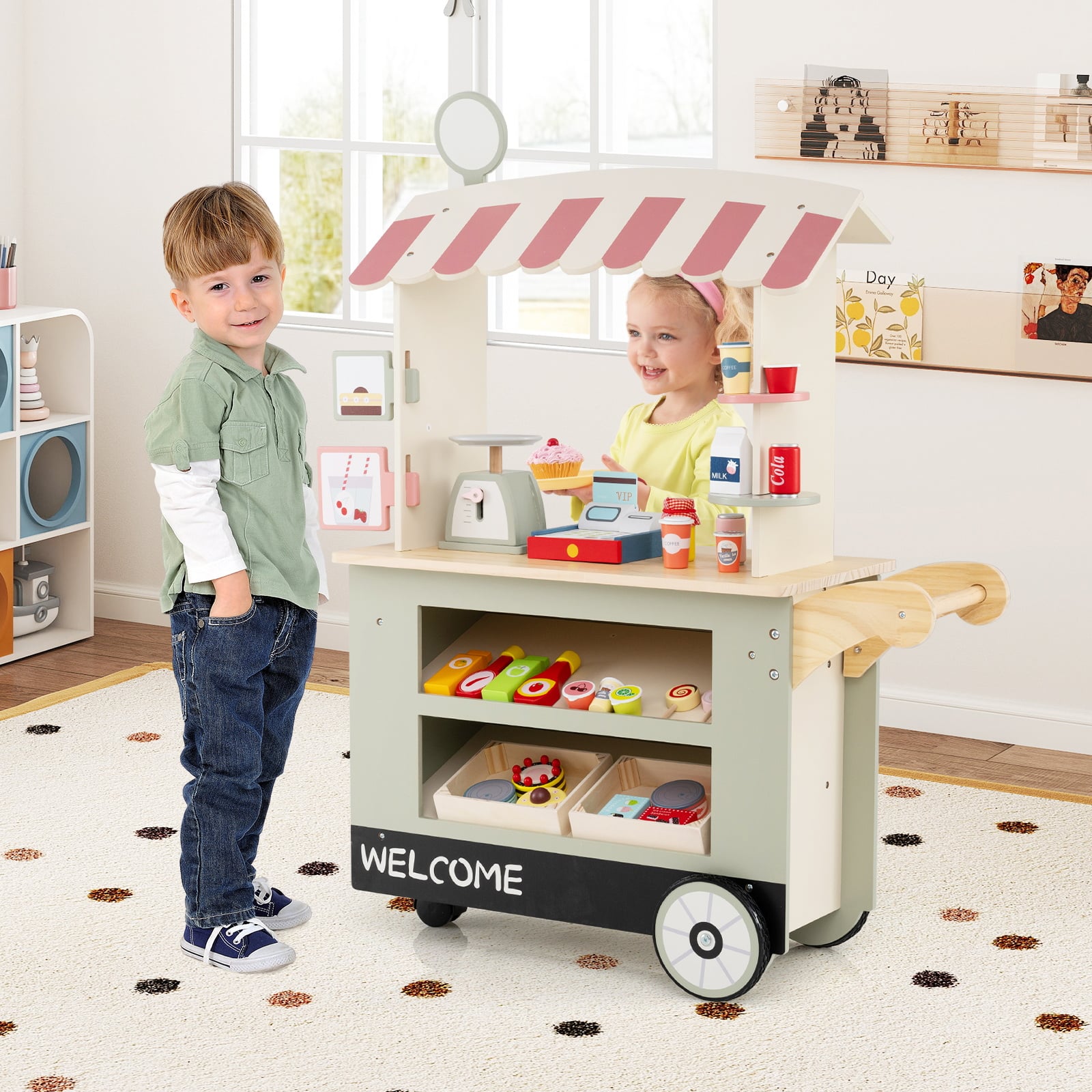 Kids Snacks and Sweets Food Cart Toy Cart Play Set with POS Machine-Green