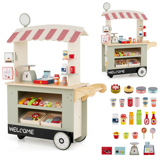 Kids Snacks and Sweets Food Cart Toy Cart Play Set with POS Machine-Green