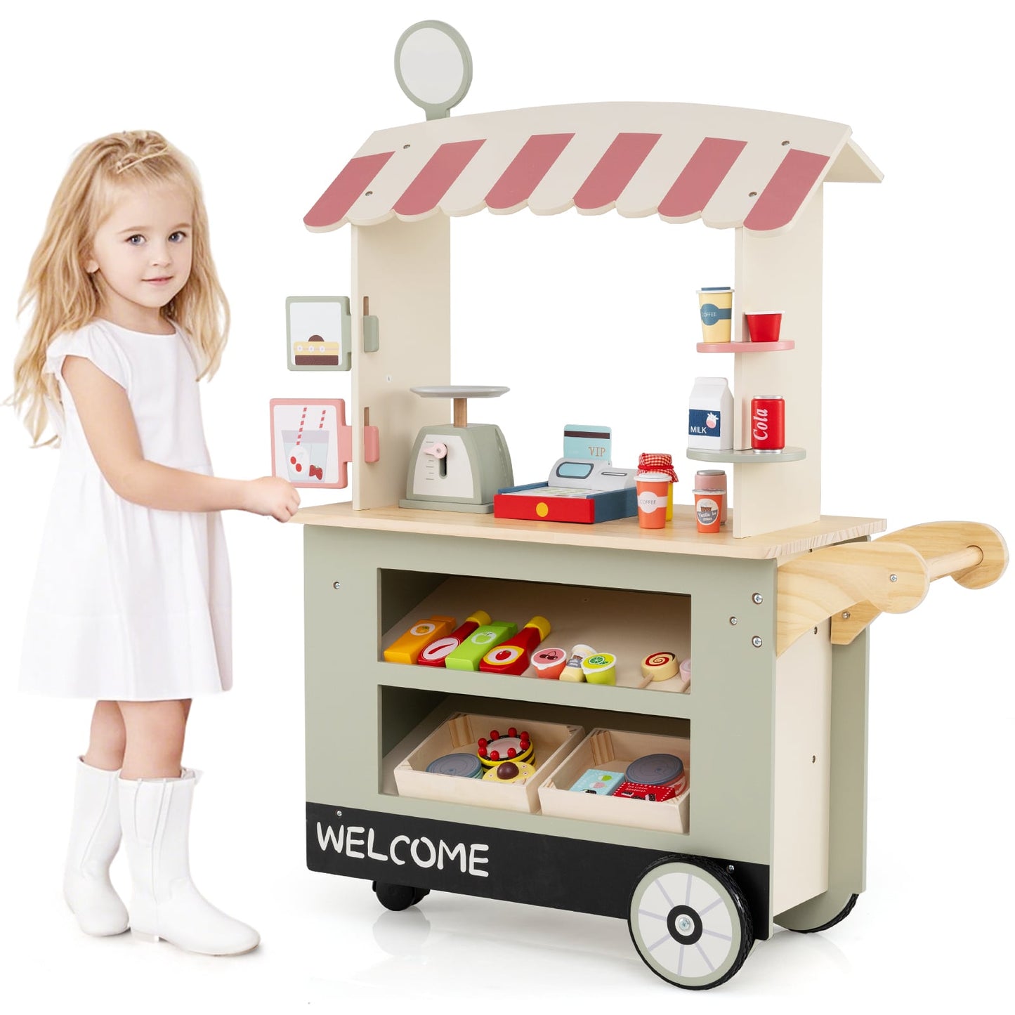 Kids Snacks and Sweets Food Cart Toy Cart Play Set with POS Machine-Green