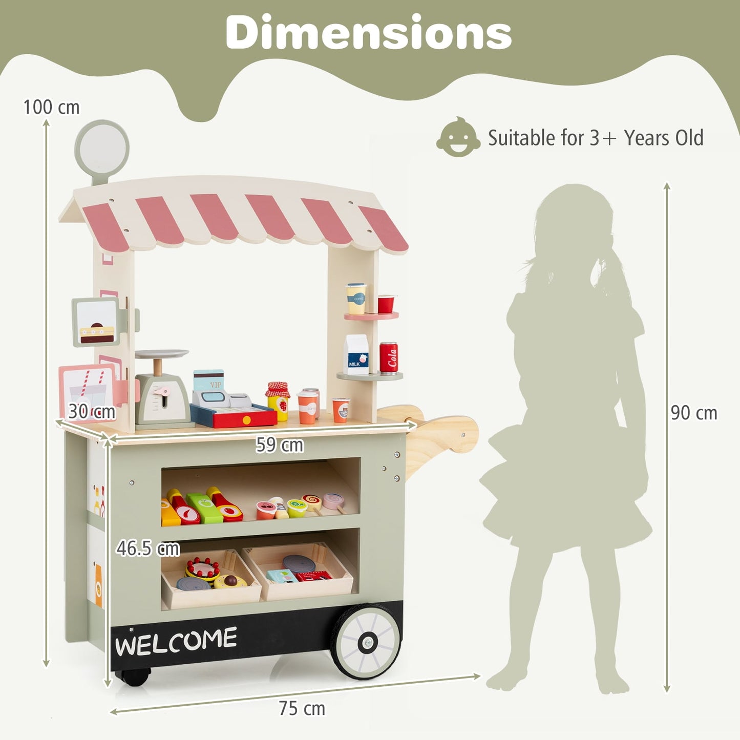 Kids Snacks and Sweets Food Cart Toy Cart Play Set with POS Machine-Green