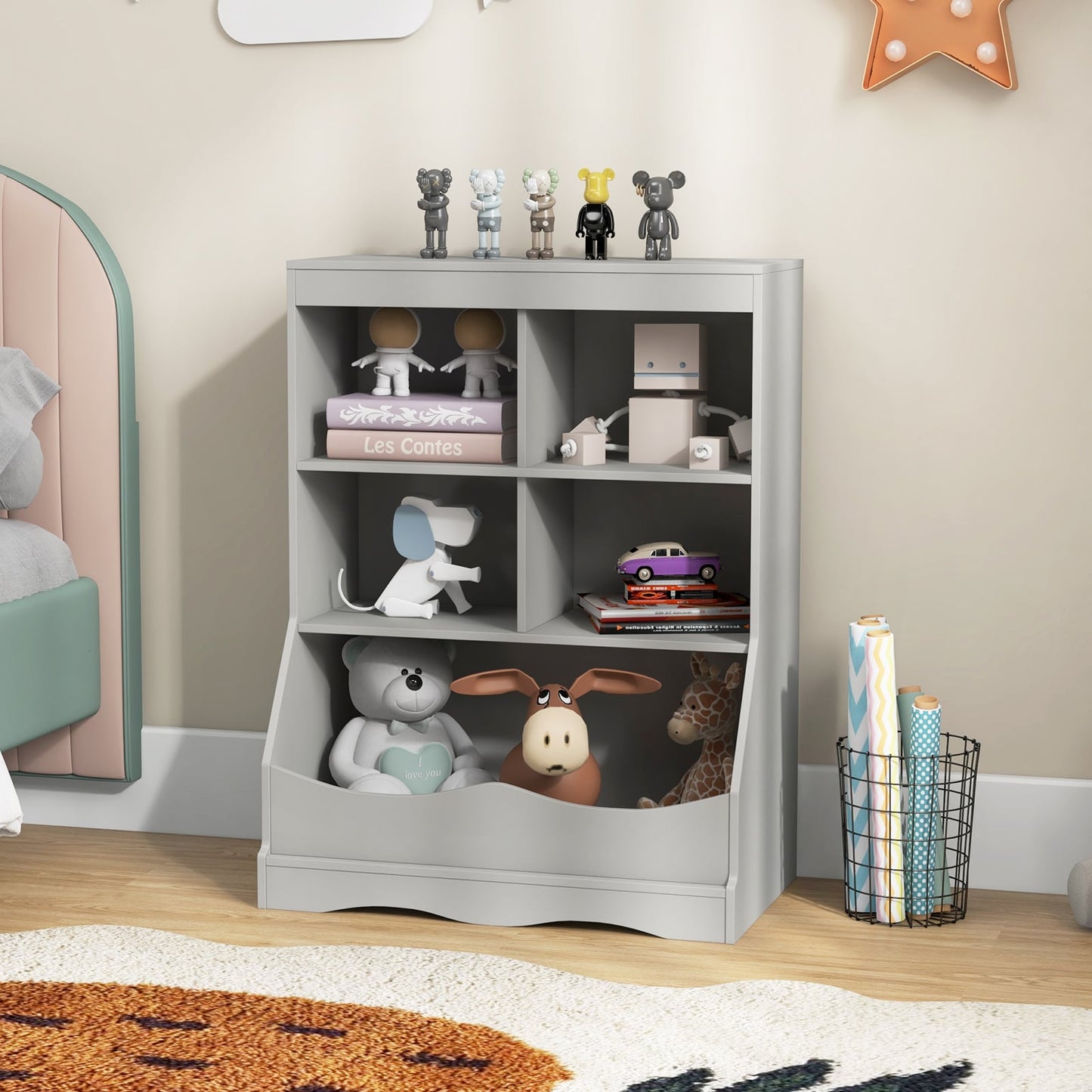 Kids Storage Shelf Home Toy Storage Organizer with 5 Cubes-Grey