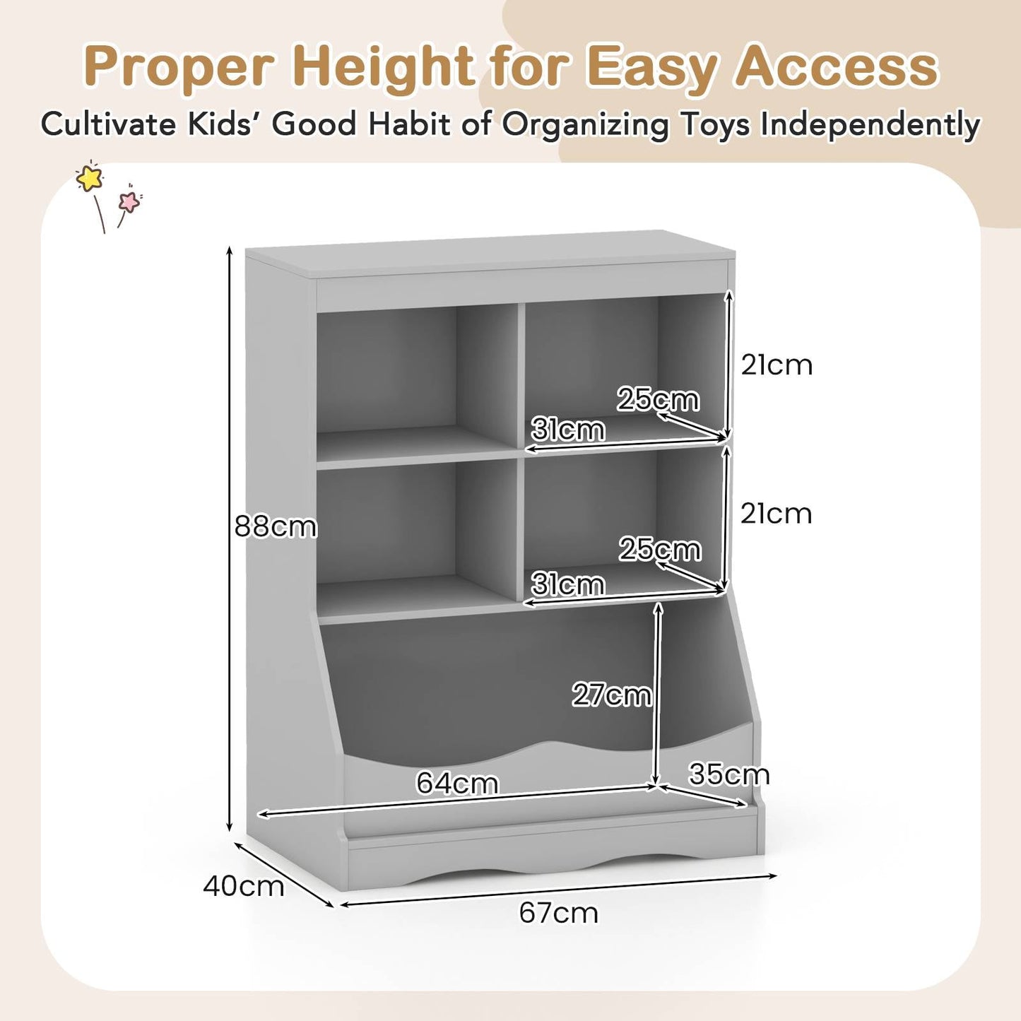 Kids Storage Shelf Home Toy Storage Organizer with 5 Cubes-Grey