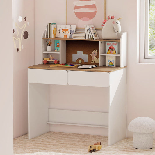 Kids Study Desk Student Writing Table with Cork Bulletin Board-White
