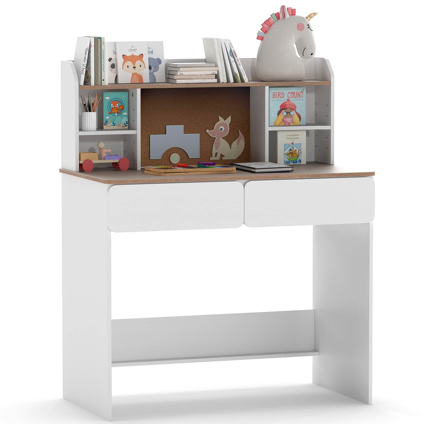 Kids Study Desk Student Writing Table with Cork Bulletin Board-White