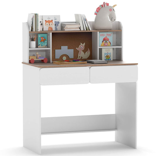 Kids Study Desk Student Writing Table with Cork Bulletin Board-White