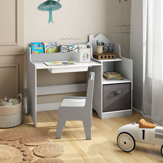 Kids Study Desk and Chair Set Children Study Table with Open Shelves-Grey